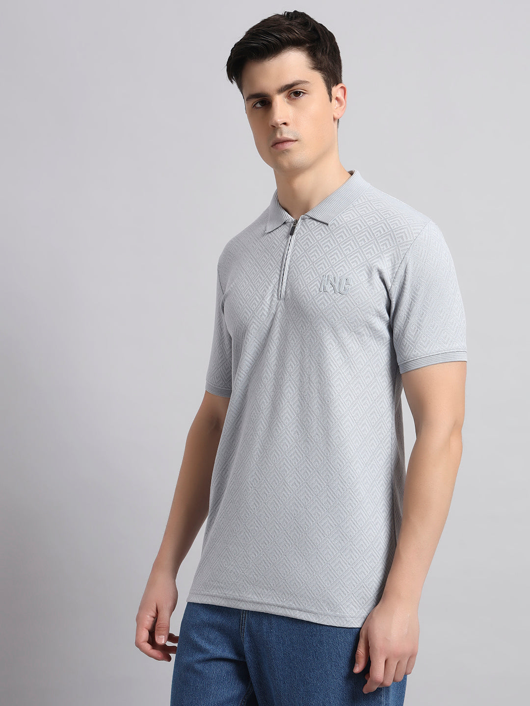 Men’s Light Grey Textured Polo T-Shirt with Zip Collar
