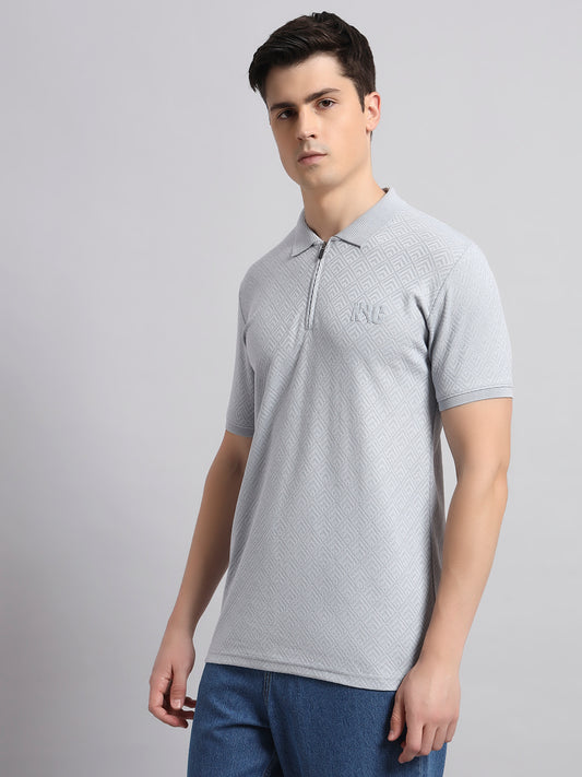 Men’s Light Grey Textured Polo T-Shirt with Zip Collar