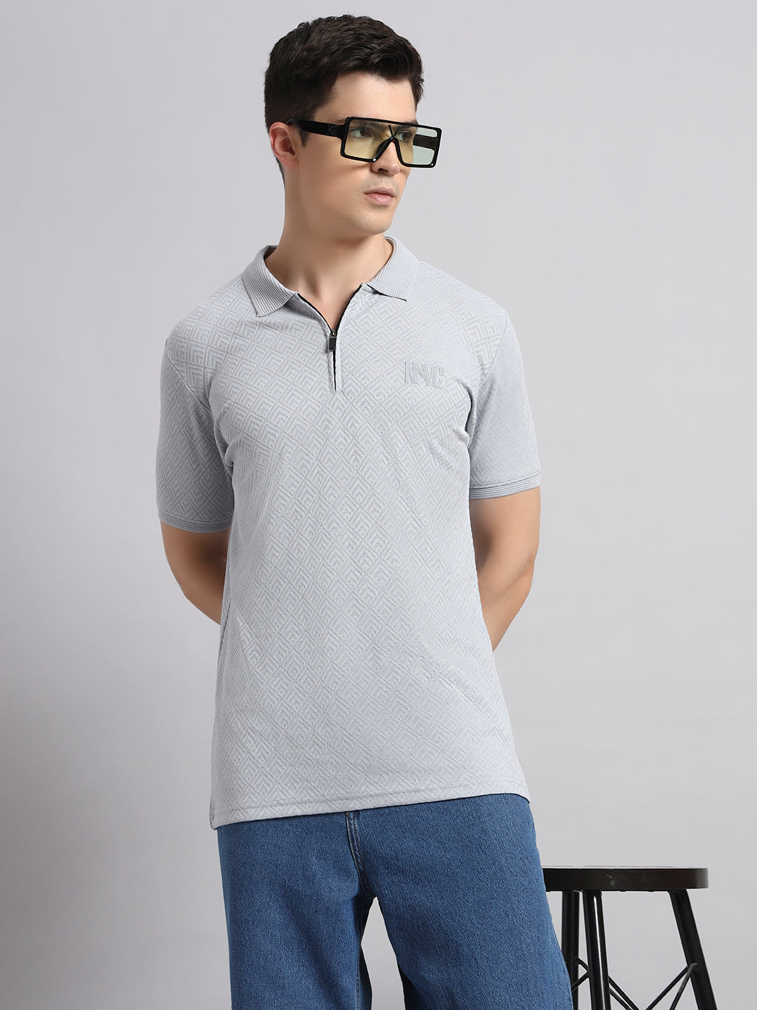 Men’s Light Grey Textured Polo T-Shirt with Zip Collar