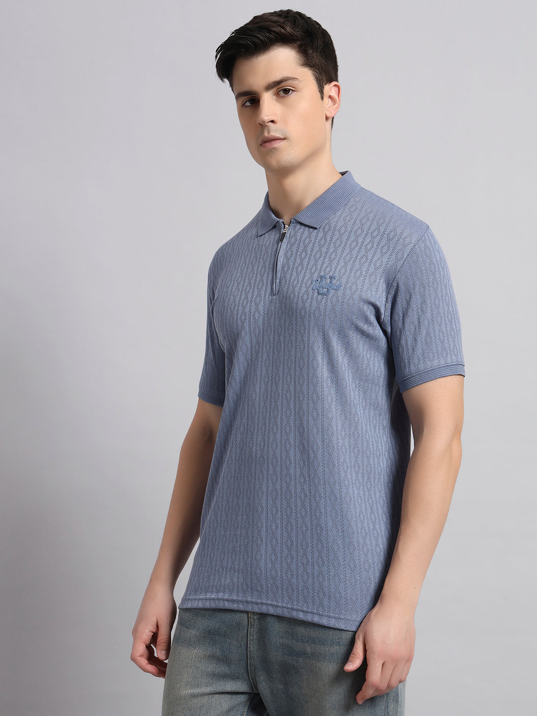 Men’s Blue Textured Polo T-Shirt with Zip Collar