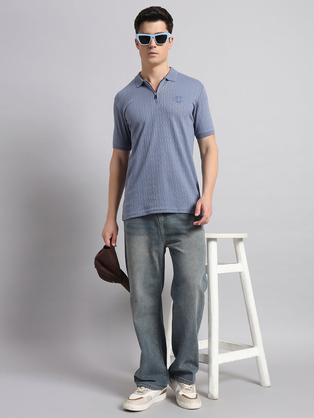 Men’s Blue Textured Polo T-Shirt with Zip Collar