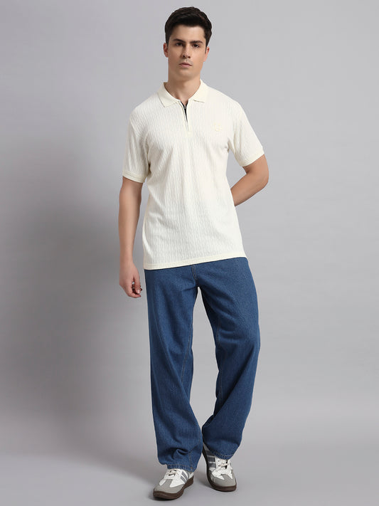 Men’s Off White Textured Polo T-Shirt with Zip Collar