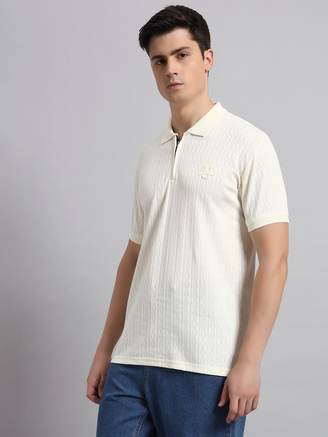 Men’s Off White Textured Polo T-Shirt with Zip Collar