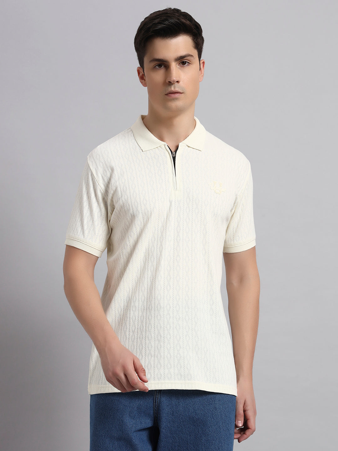 Men’s Off White Textured Polo T-Shirt with Zip Collar