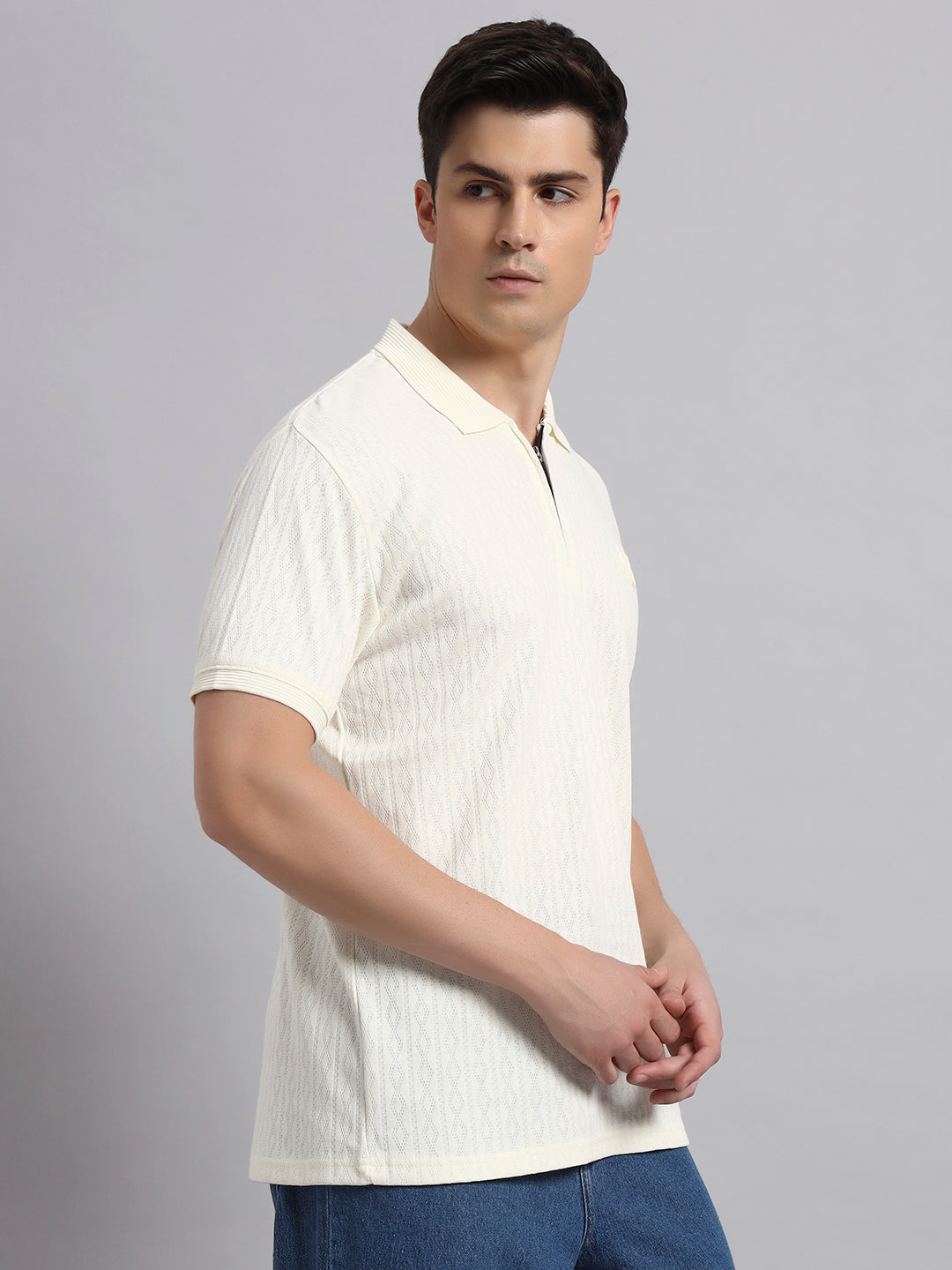 Men’s Off White Textured Polo T-Shirt with Zip Collar