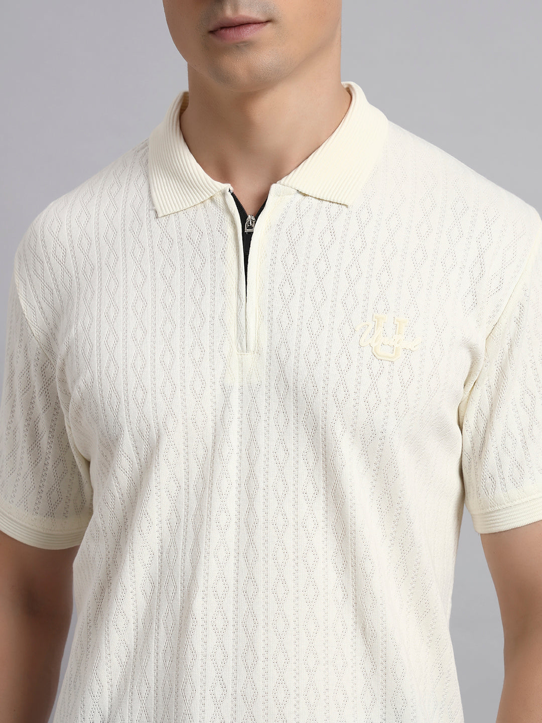 Men’s Off White Textured Polo T-Shirt with Zip Collar