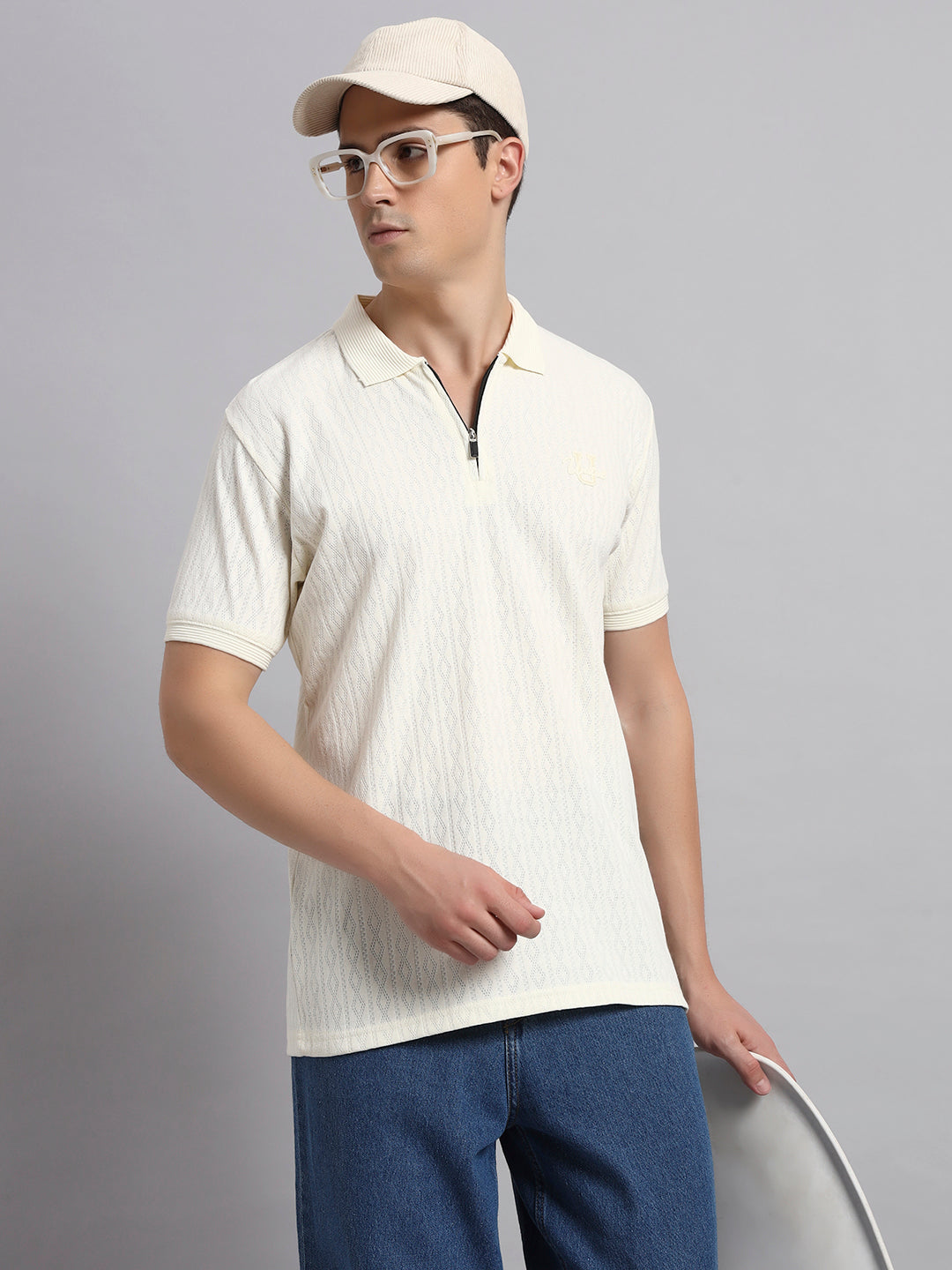 Men’s Off White Textured Polo T-Shirt with Zip Collar
