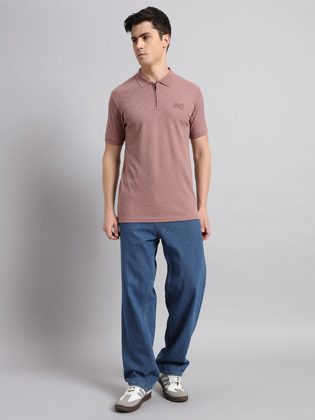 Men’s Mauve Textured Polo T-Shirt with Zip Collar