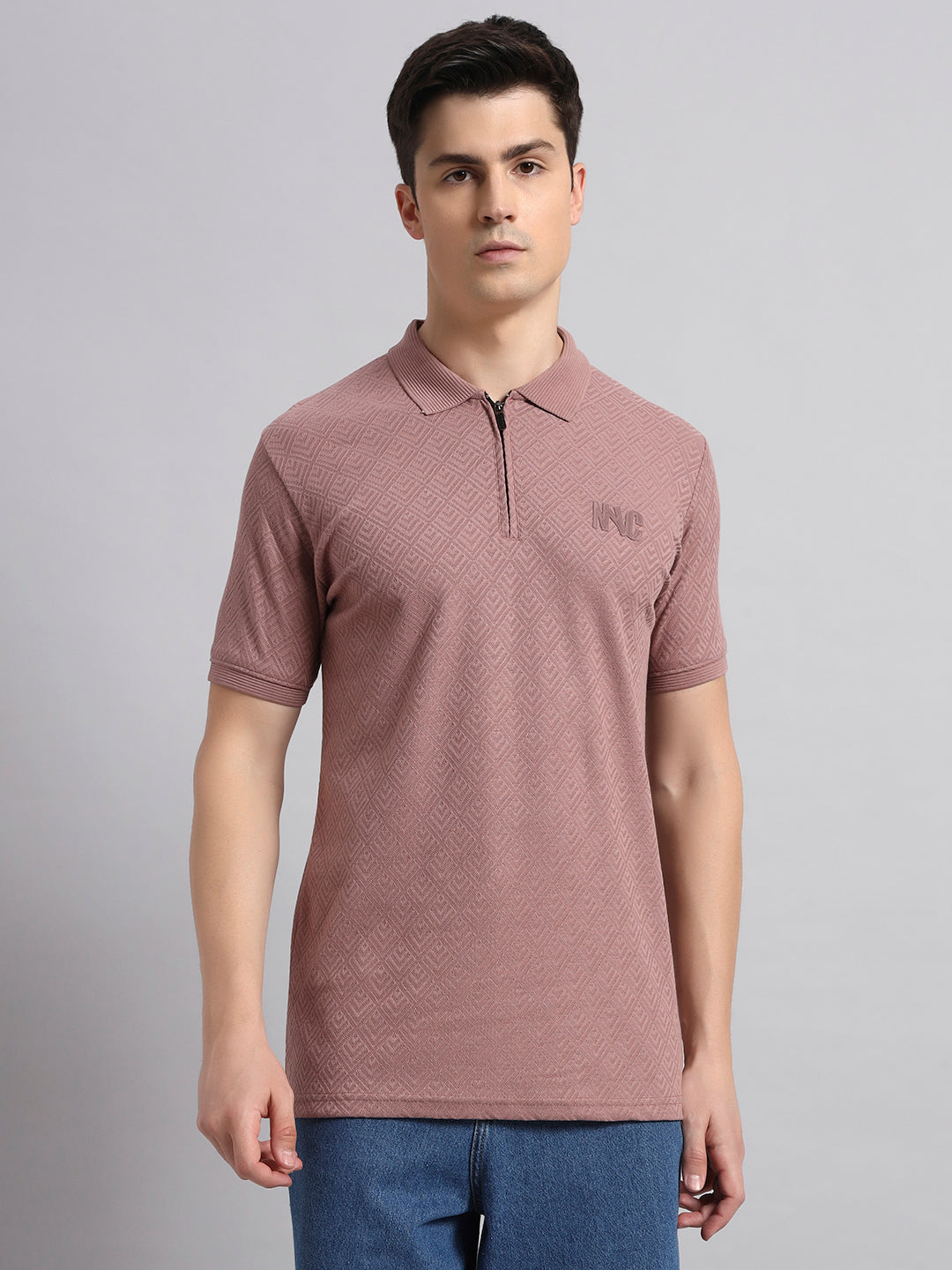 Men’s Mauve Textured Polo T-Shirt with Zip Collar