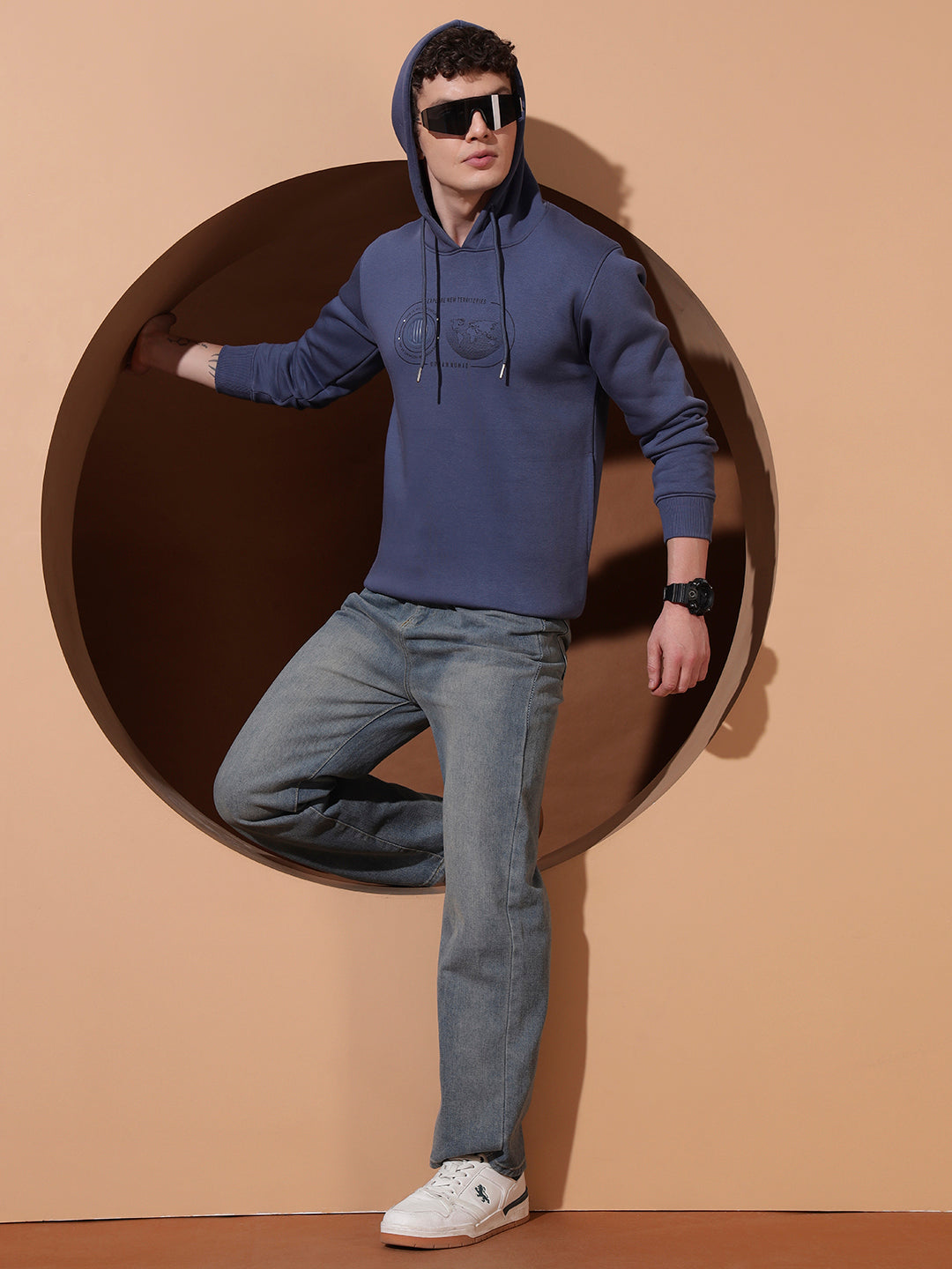 Men’s Blue Cotton Graphic Hoodie | Casual Pullover Sweatshirt for Everyday Wear