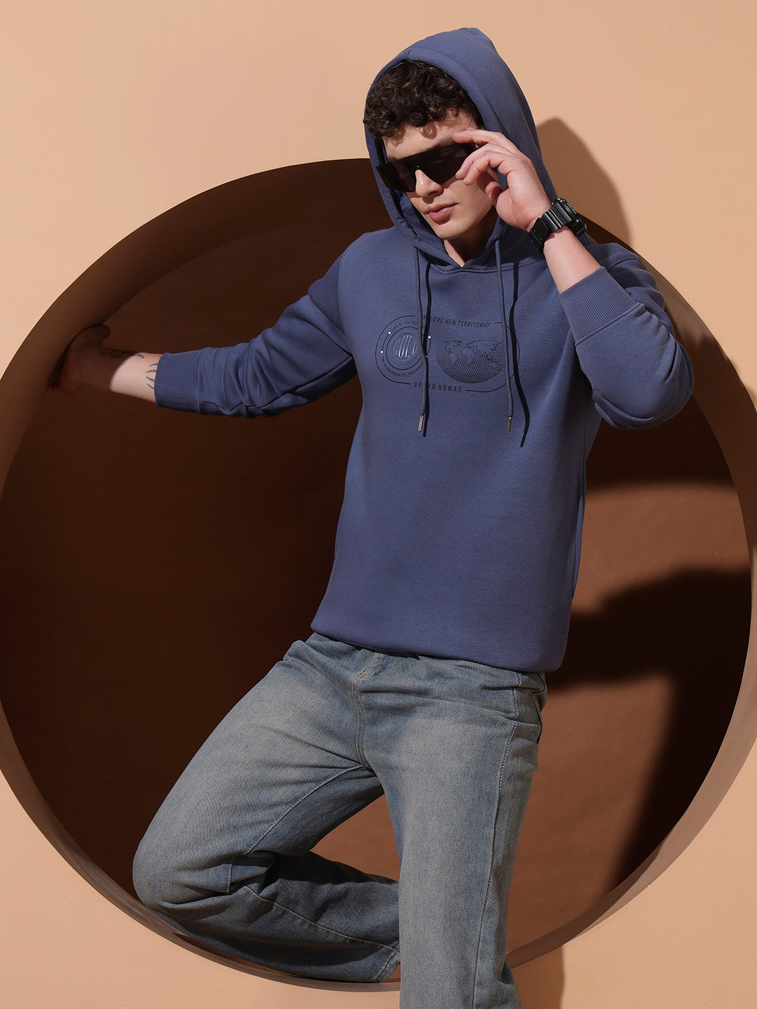 Men’s Blue Cotton Graphic Hoodie | Casual Pullover Sweatshirt for Everyday Wear