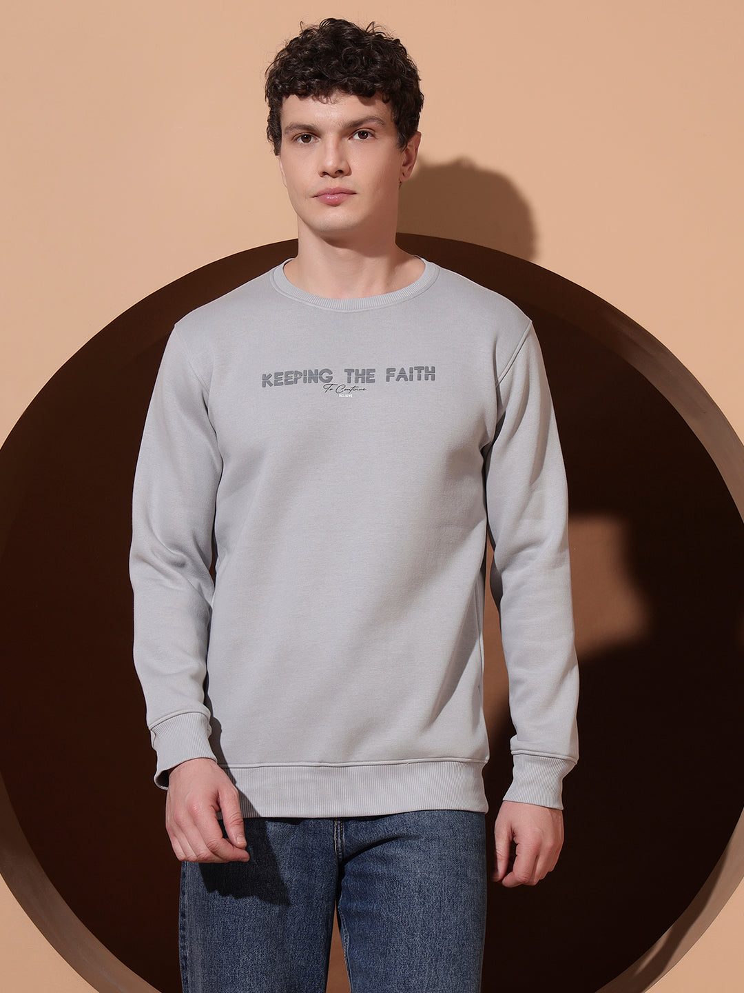 Men’s Grey Cotton Sweatshirt | “Keeping The Faith” Printed Pullover for Casual Comfort