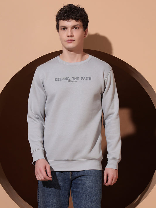 Men’s Grey Cotton Sweatshirt | “Keeping The Faith” Printed Pullover for Casual Comfort