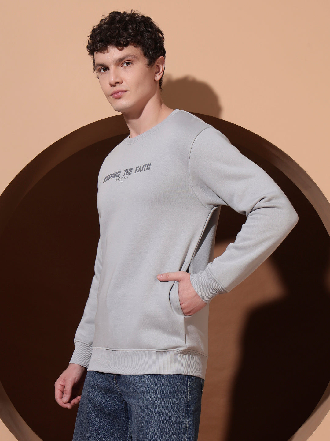Men’s Grey Cotton Sweatshirt | “Keeping The Faith” Printed Pullover for Casual Comfort