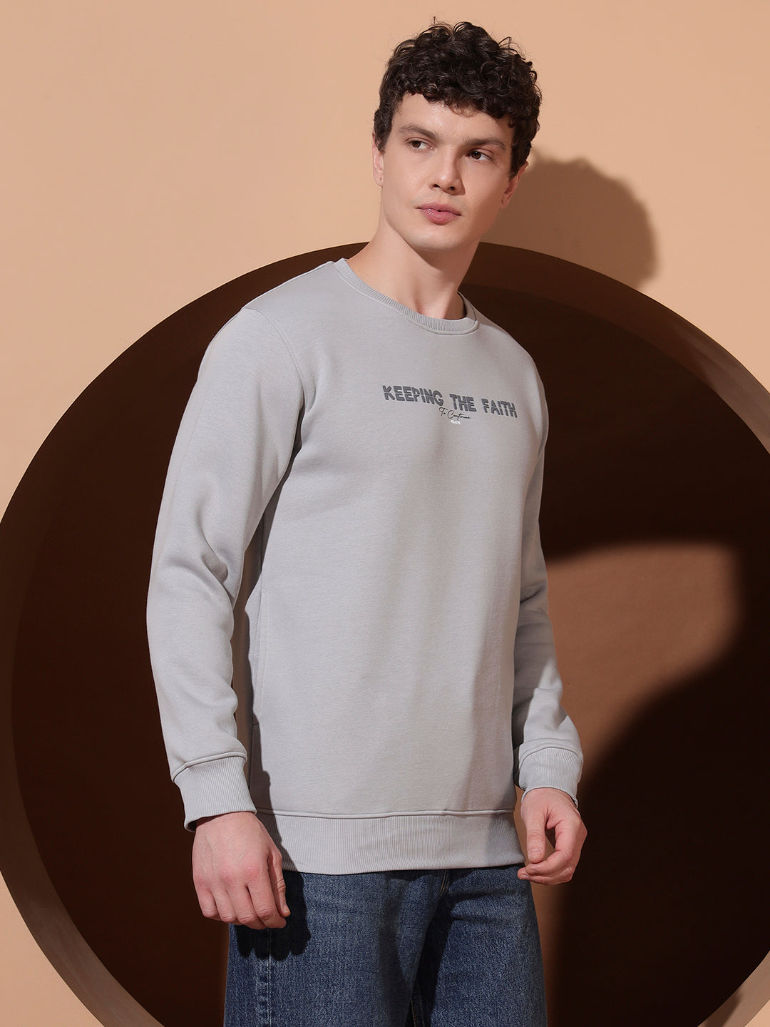 Men’s Grey Cotton Sweatshirt | “Keeping The Faith” Printed Pullover for Casual Comfort