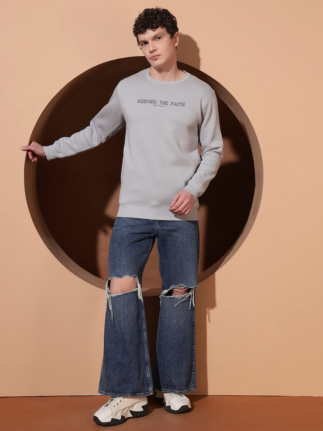 Men’s Grey Cotton Sweatshirt | “Keeping The Faith” Printed Pullover for Casual Comfort