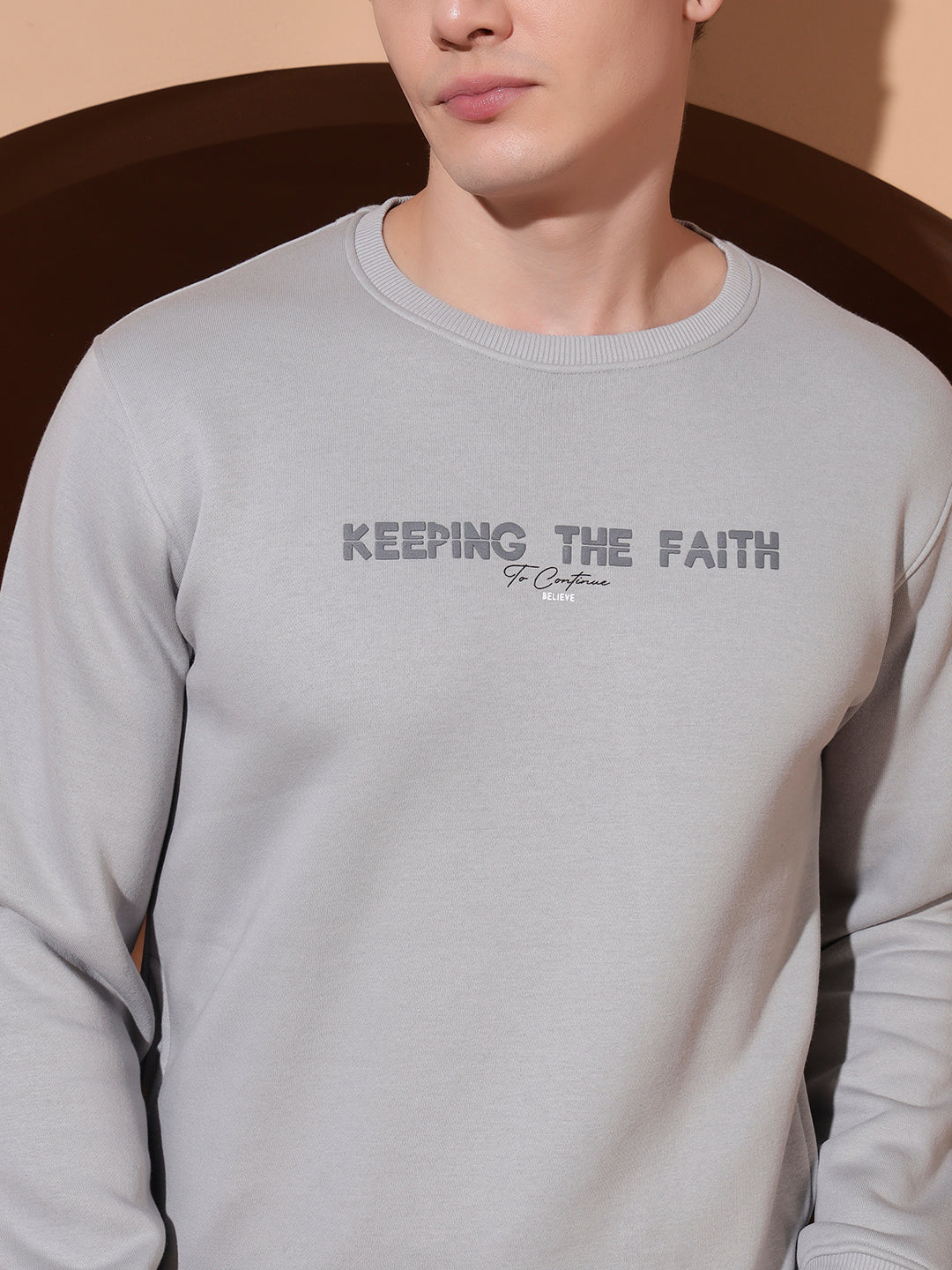 Men’s Grey Cotton Sweatshirt | “Keeping The Faith” Printed Pullover for Casual Comfort
