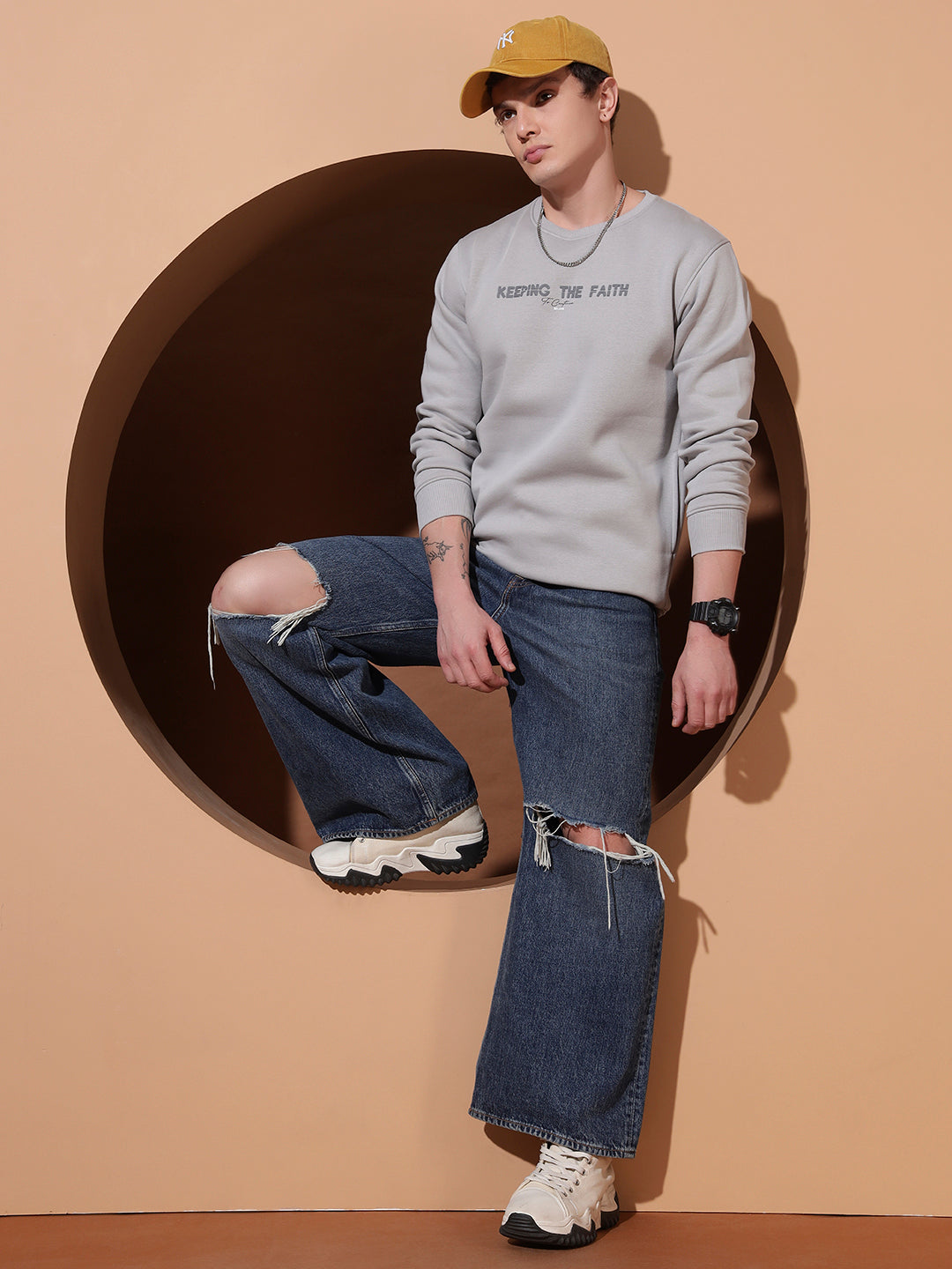 Men’s Grey Cotton Sweatshirt | “Keeping The Faith” Printed Pullover for Casual Comfort