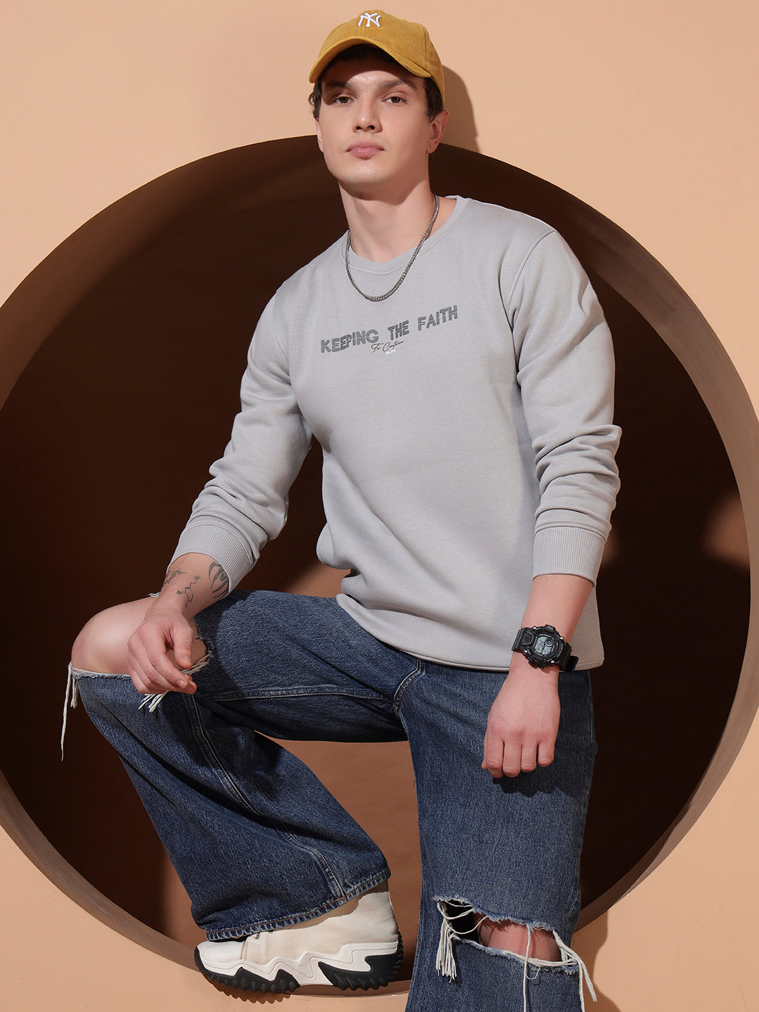 Men’s Grey Cotton Sweatshirt | “Keeping The Faith” Printed Pullover for Casual Comfort