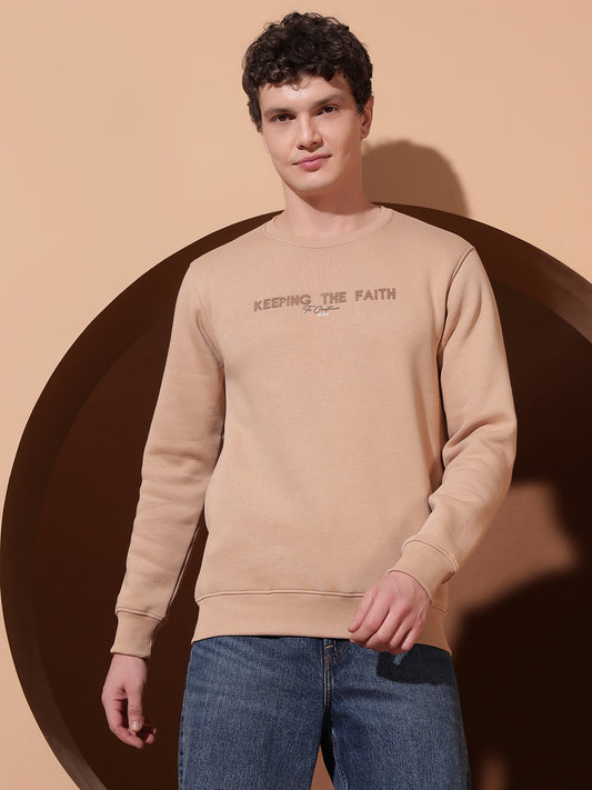 Men’s Beige Cotton Sweatshirt | “Keeping The Faith” Printed Crew Neck Pullover