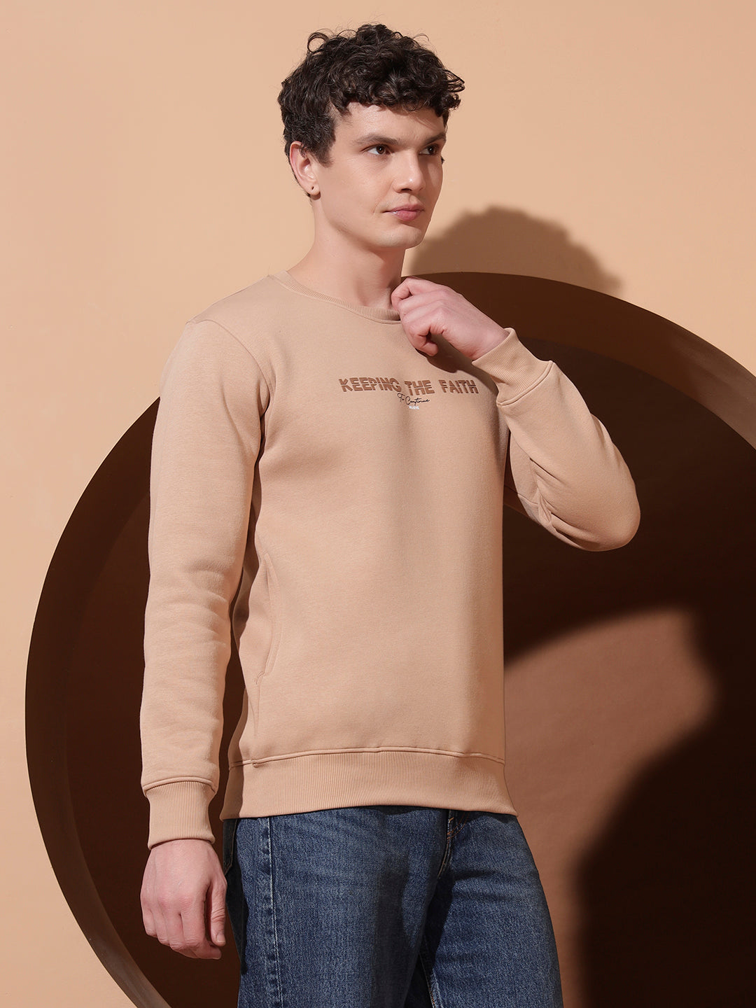 Men’s Beige Cotton Sweatshirt | “Keeping The Faith” Printed Crew Neck Pullover