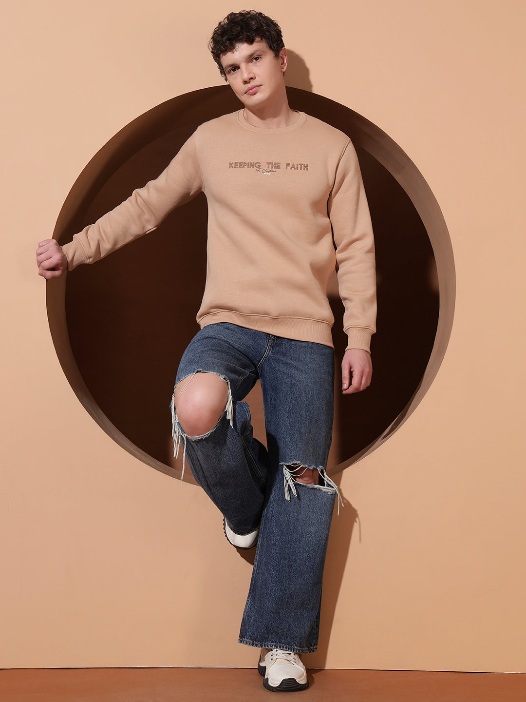 Men’s Beige Cotton Sweatshirt | “Keeping The Faith” Printed Crew Neck Pullover
