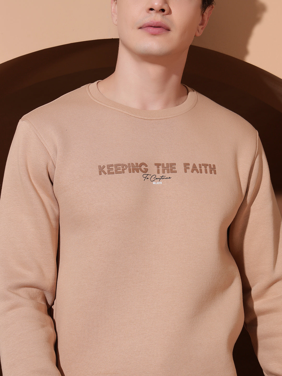 Men’s Beige Cotton Sweatshirt | “Keeping The Faith” Printed Crew Neck Pullover