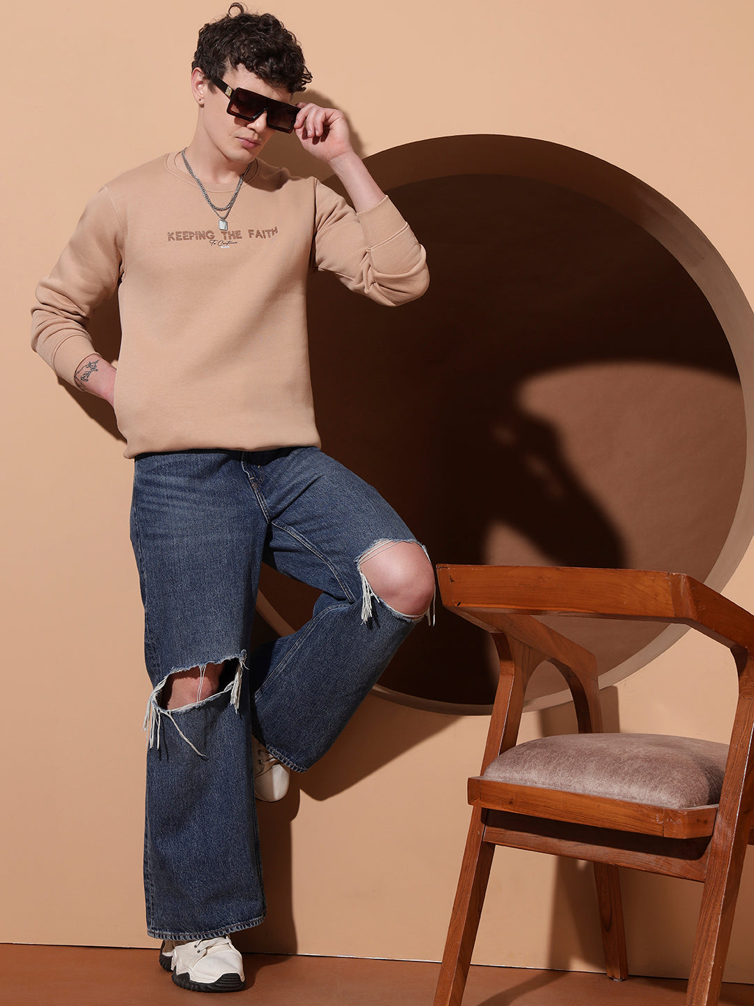 Men’s Beige Cotton Sweatshirt | “Keeping The Faith” Printed Crew Neck Pullover