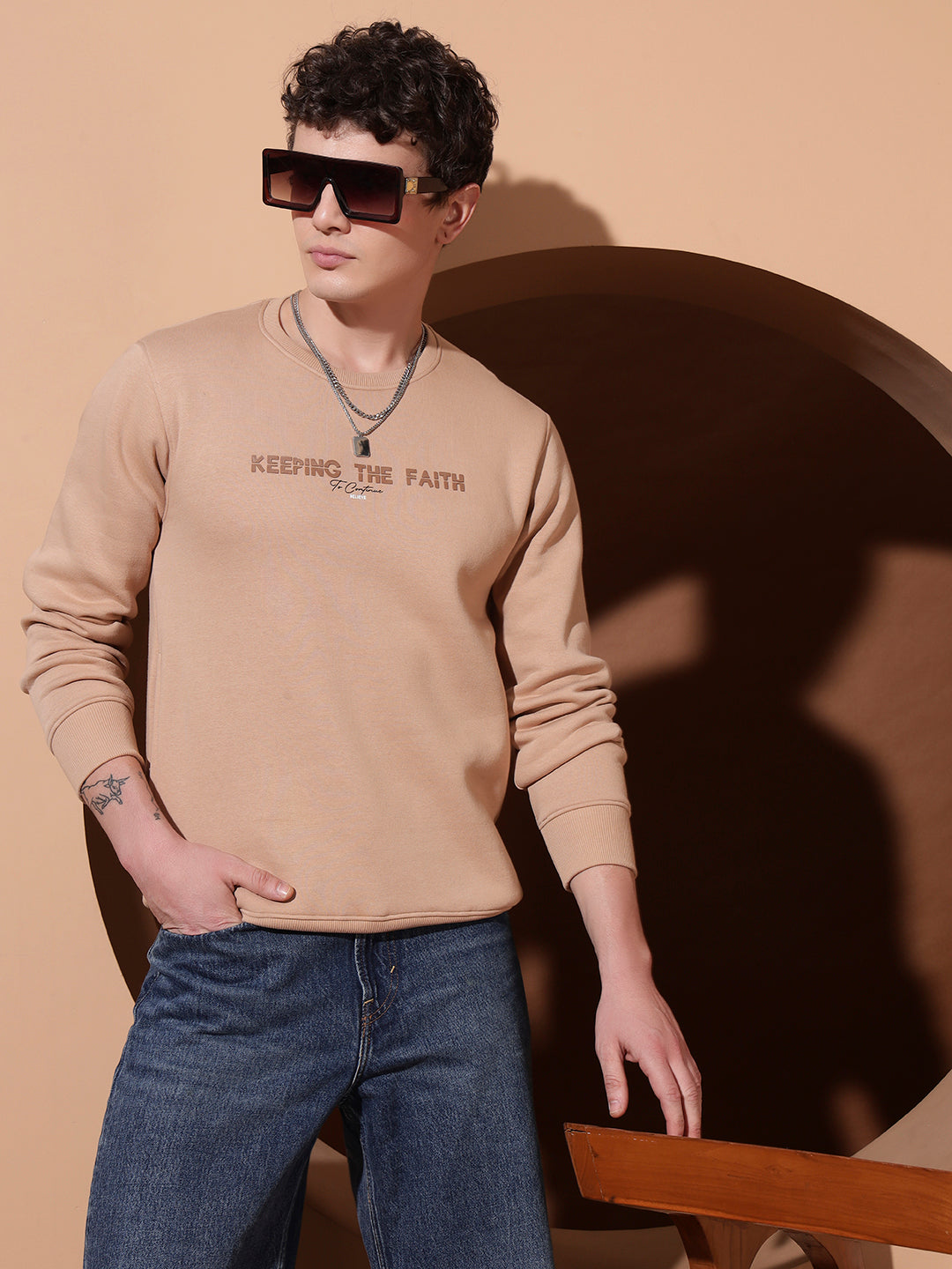 Men’s Beige Cotton Sweatshirt | “Keeping The Faith” Printed Crew Neck Pullover