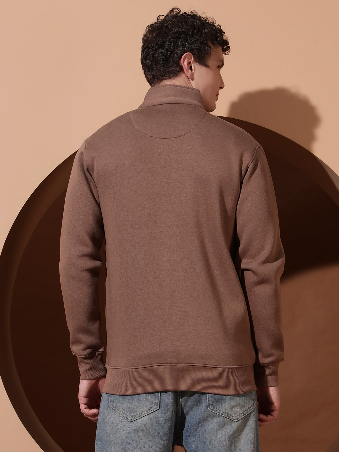 Men’s Brown High Neck Zip-Up Sweatshirt – Full Sleeve Casual Jacket