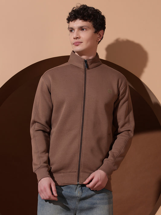 Men’s Brown High Neck Zip-Up Sweatshirt – Full Sleeve Casual Jacket