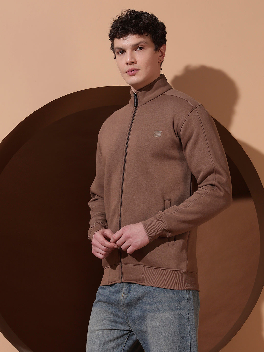 Men’s Brown High Neck Zip-Up Sweatshirt – Full Sleeve Casual Jacket