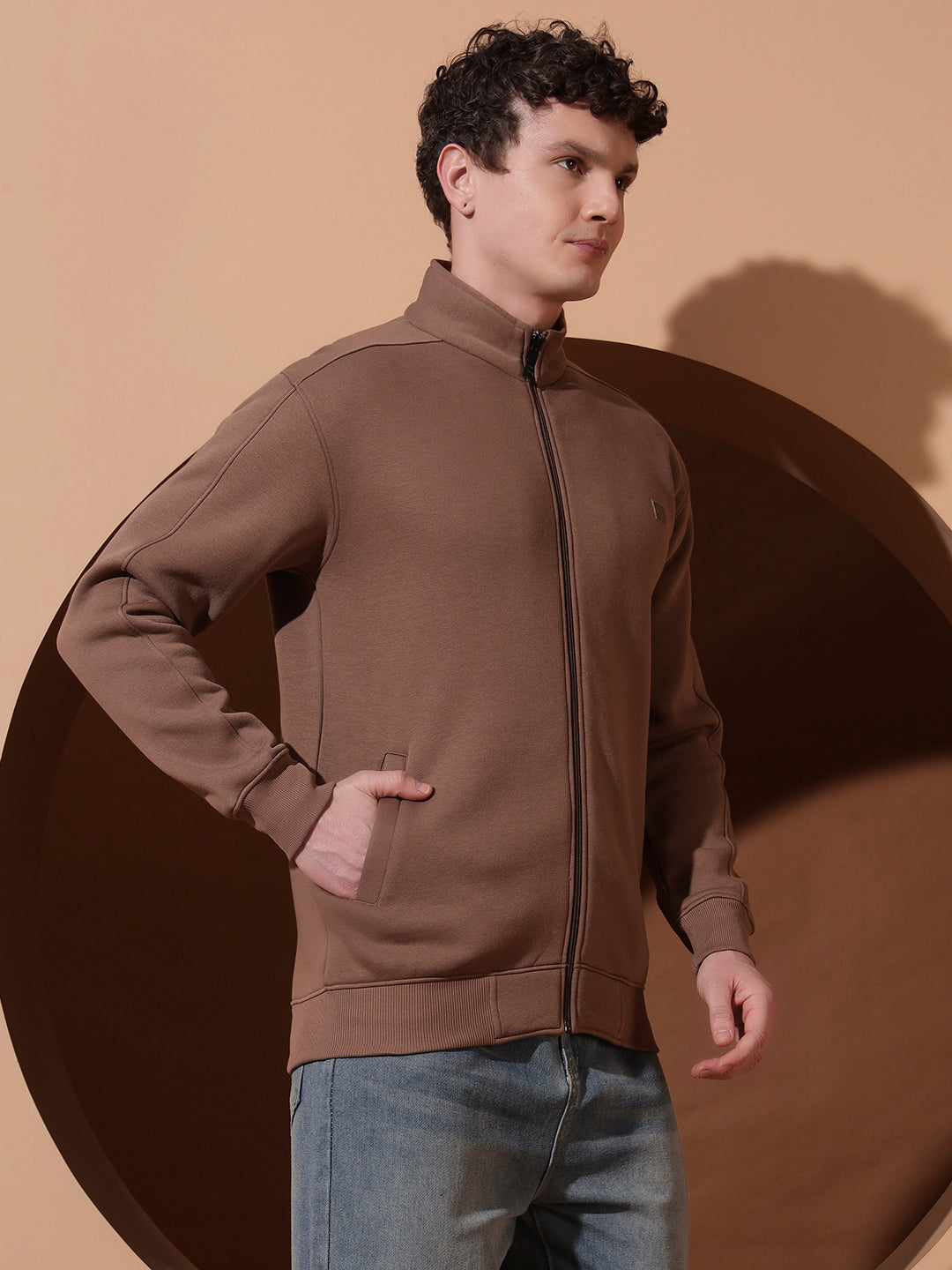Men’s Brown High Neck Zip-Up Sweatshirt – Full Sleeve Casual Jacket