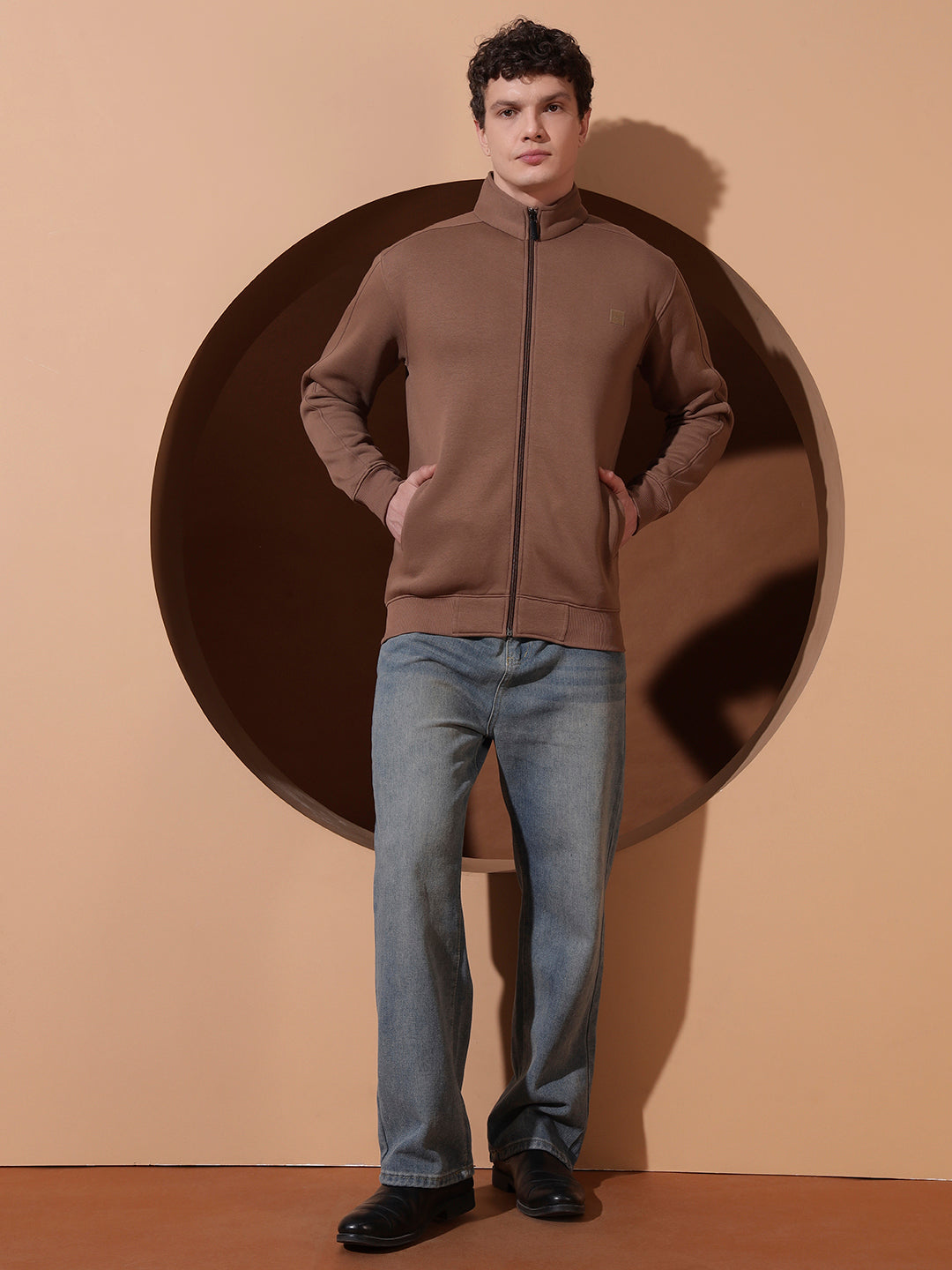 Men’s Brown High Neck Zip-Up Sweatshirt – Full Sleeve Casual Jacket