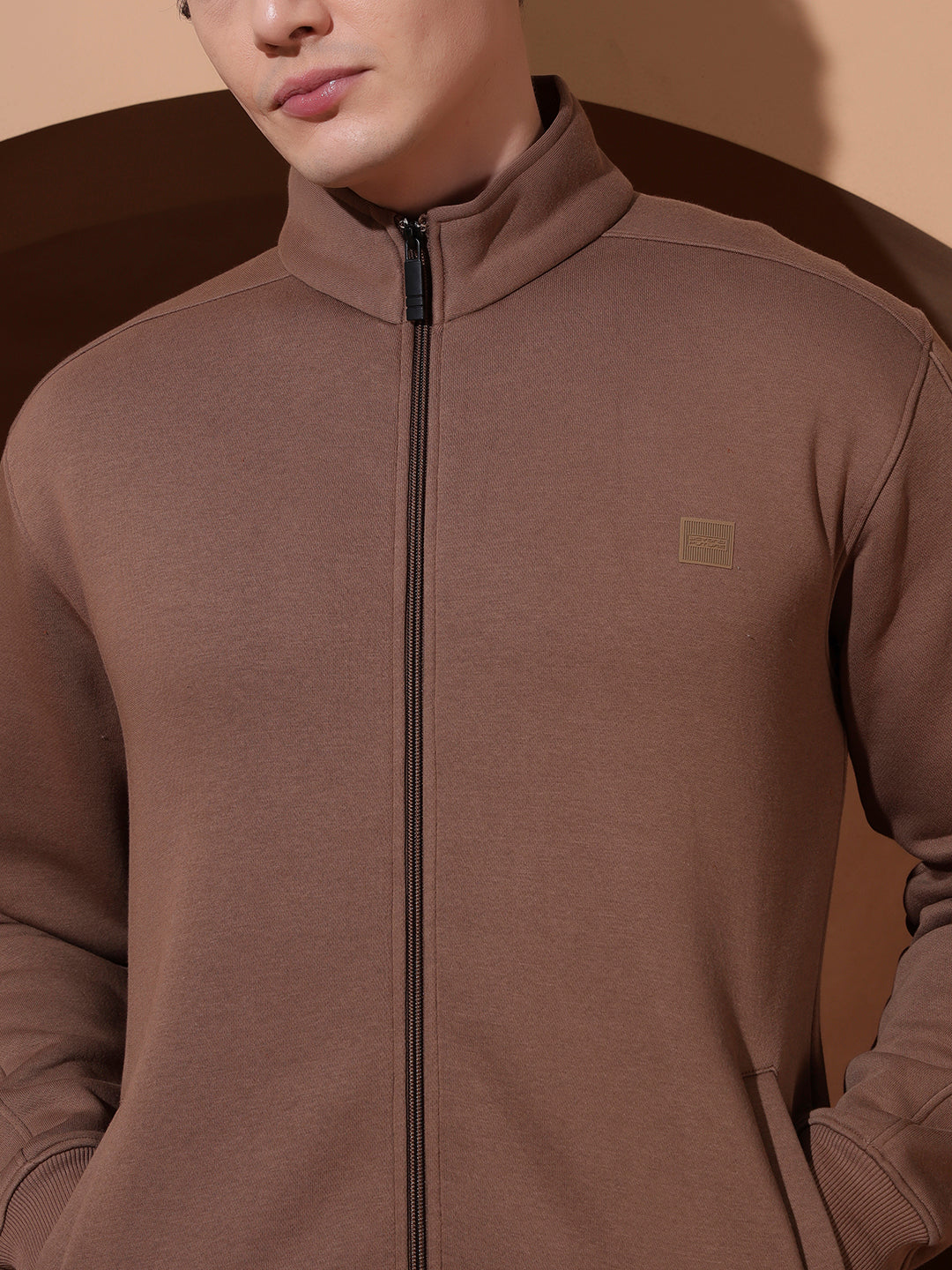 Men’s Brown High Neck Zip-Up Sweatshirt – Full Sleeve Casual Jacket