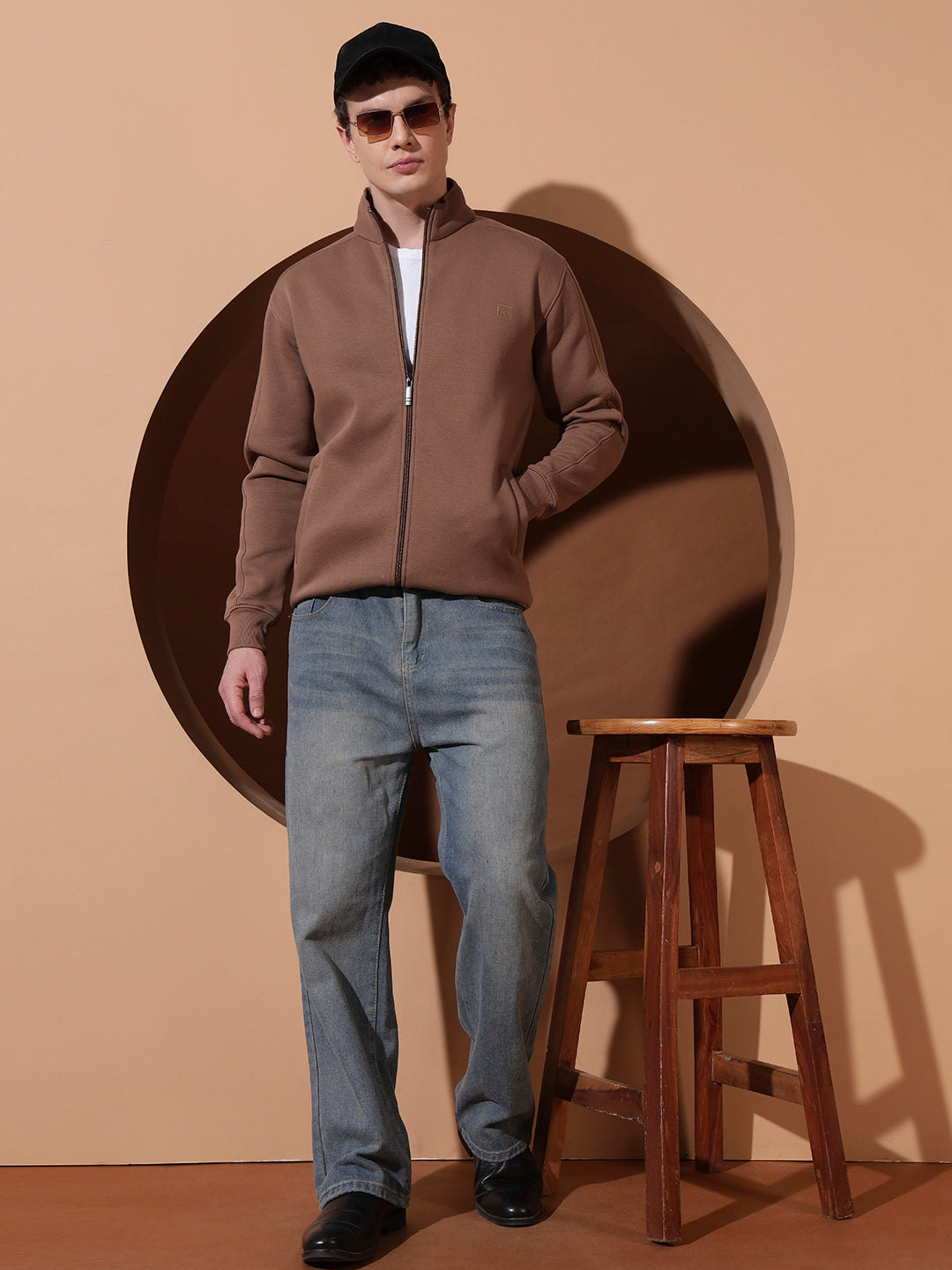 Men’s Brown High Neck Zip-Up Sweatshirt – Full Sleeve Casual Jacket