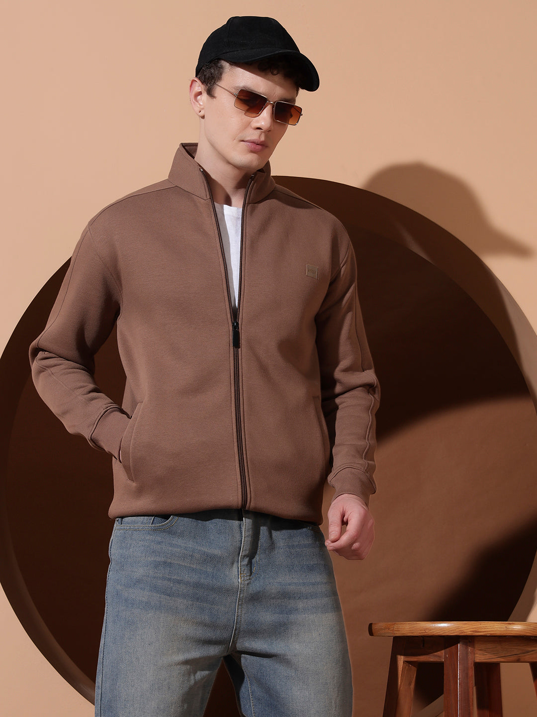 Men’s Brown High Neck Zip-Up Sweatshirt – Full Sleeve Casual Jacket