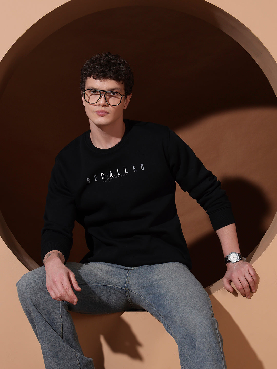 Men’s Black Printed Sweatshirt – Recalled Explorer Crew Neck Pullover