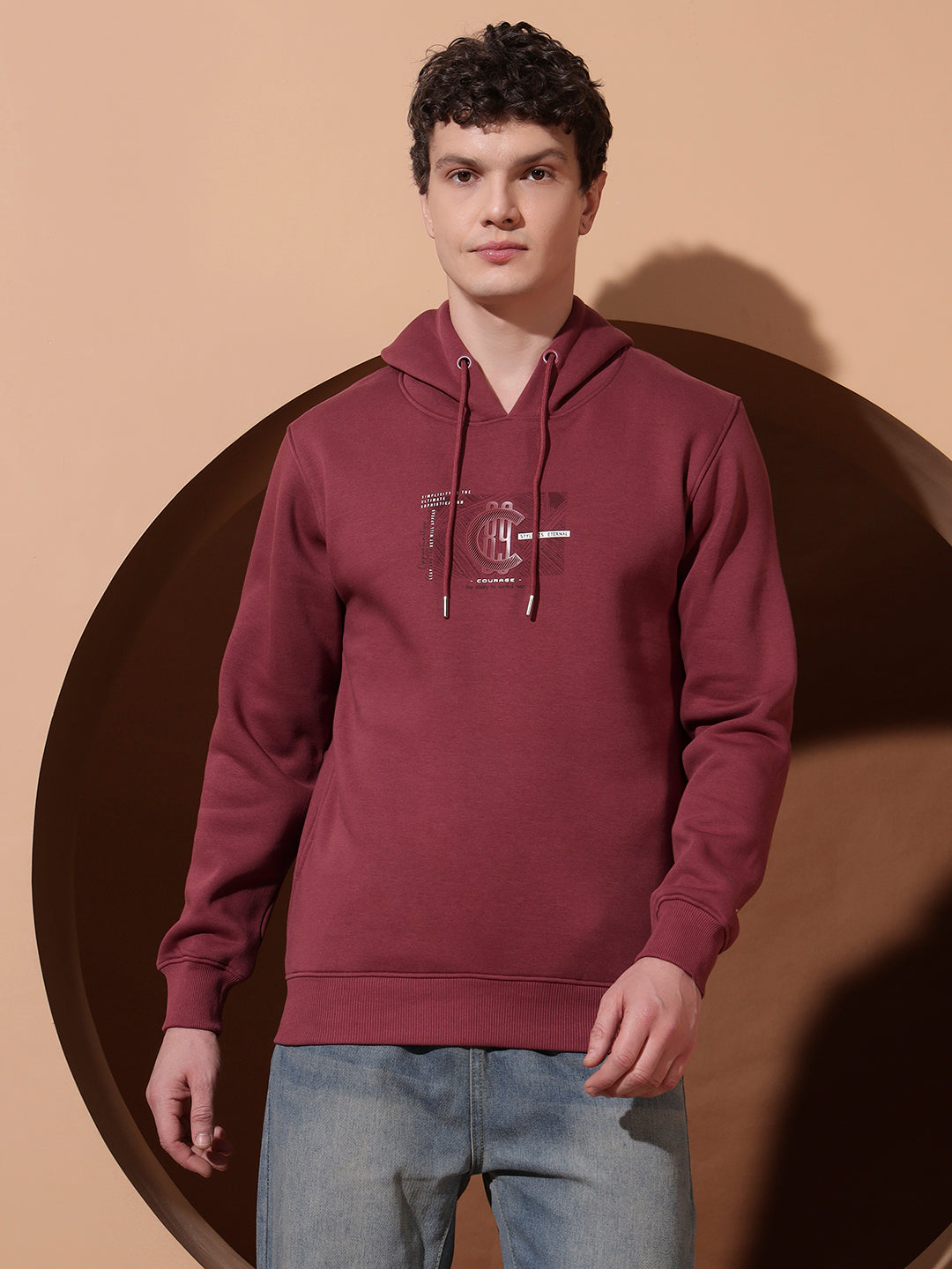 Men’s Maroon Graphic Print Cotton Hoodie – Casual Pullover Sweatshirt