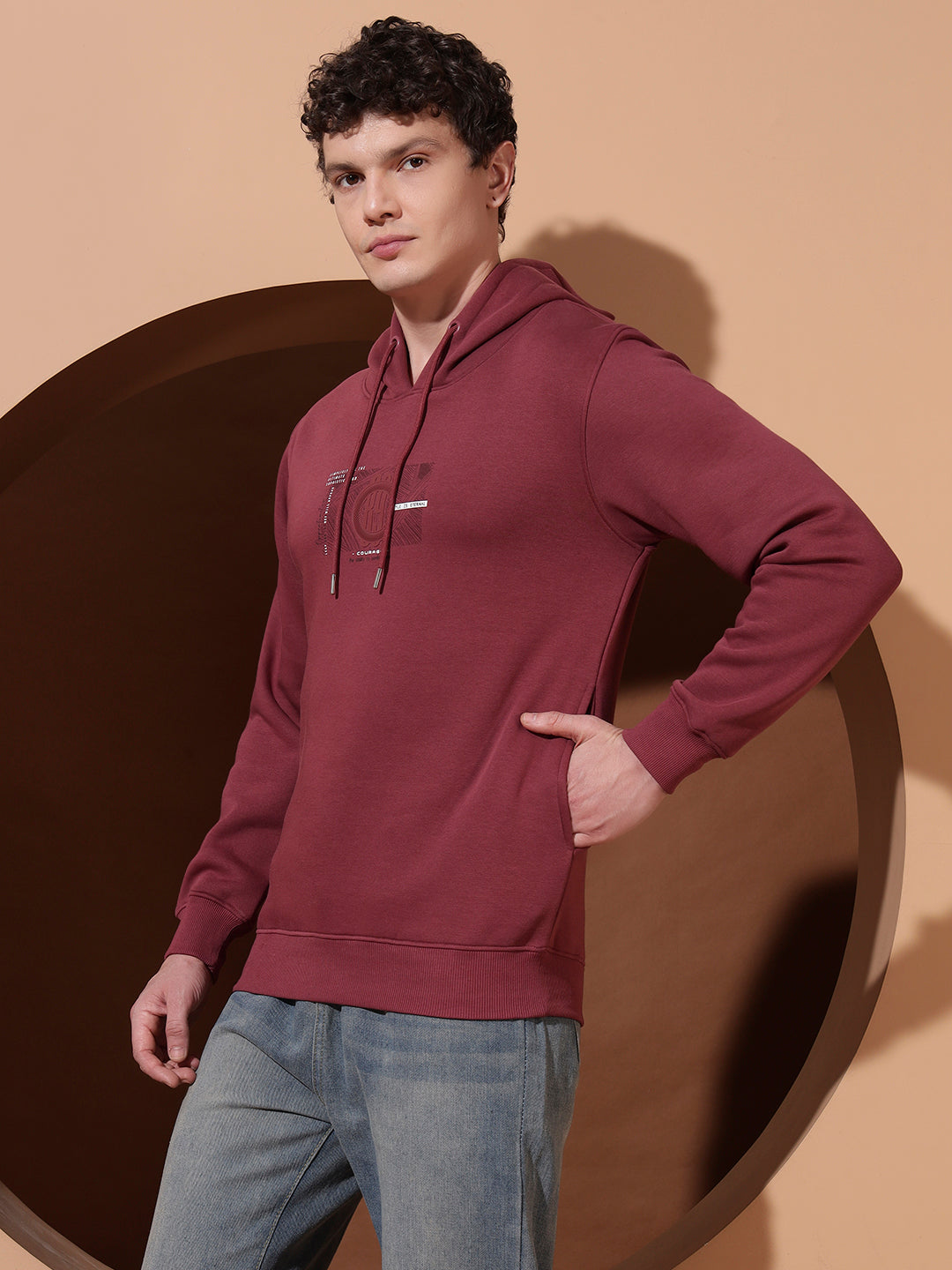 Men’s Maroon Graphic Print Cotton Hoodie – Casual Pullover Sweatshirt