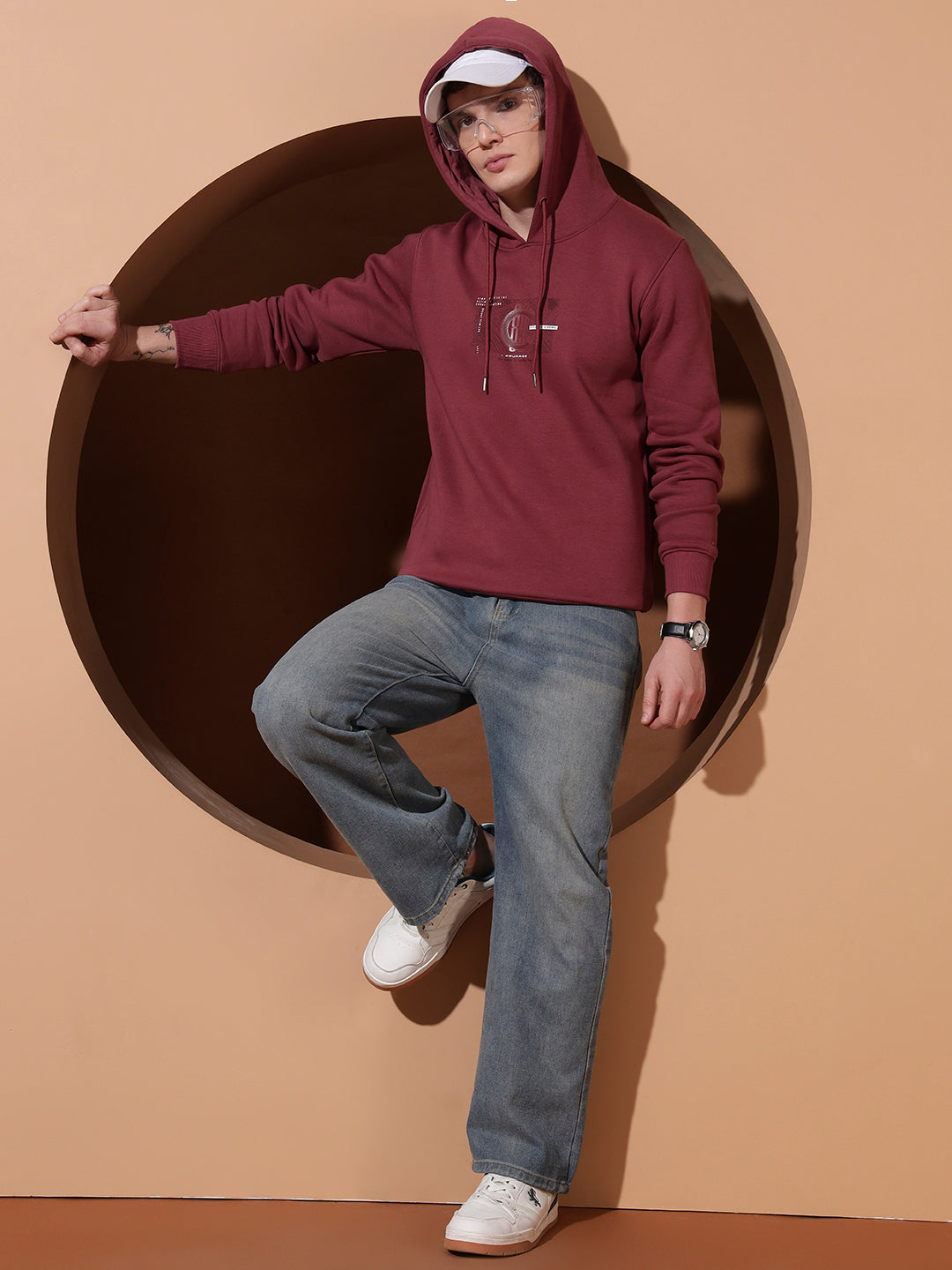 Men’s Maroon Graphic Print Cotton Hoodie – Casual Pullover Sweatshirt