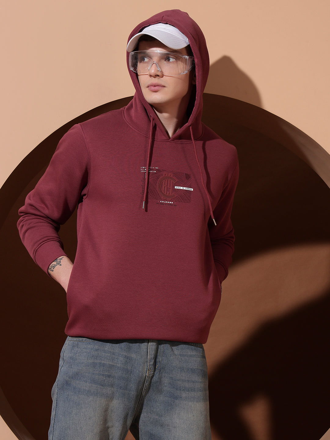 Men’s Maroon Graphic Print Cotton Hoodie – Casual Pullover Sweatshirt