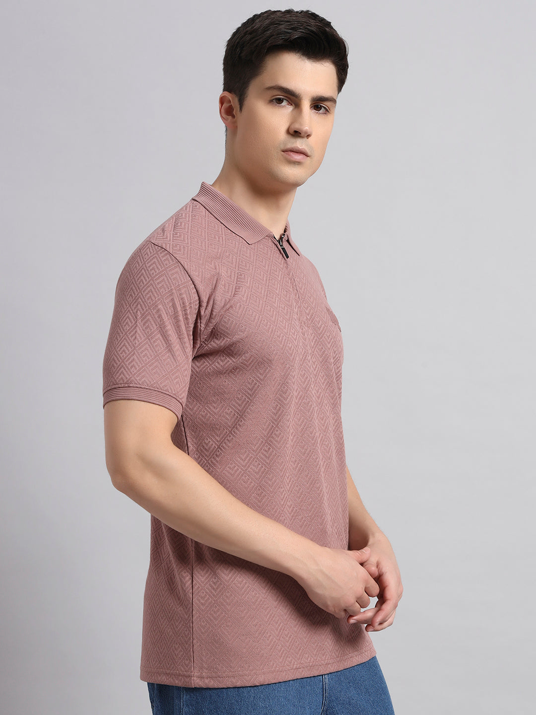 Men’s Mauve Textured Polo T-Shirt with Zip Collar