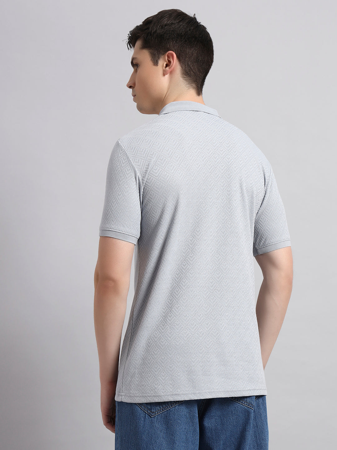 Men’s Light Grey Textured Polo T-Shirt with Zip Collar