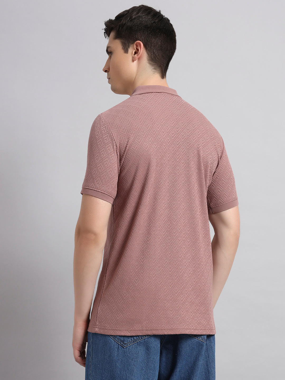 Men’s Mauve Textured Polo T-Shirt with Zip Collar