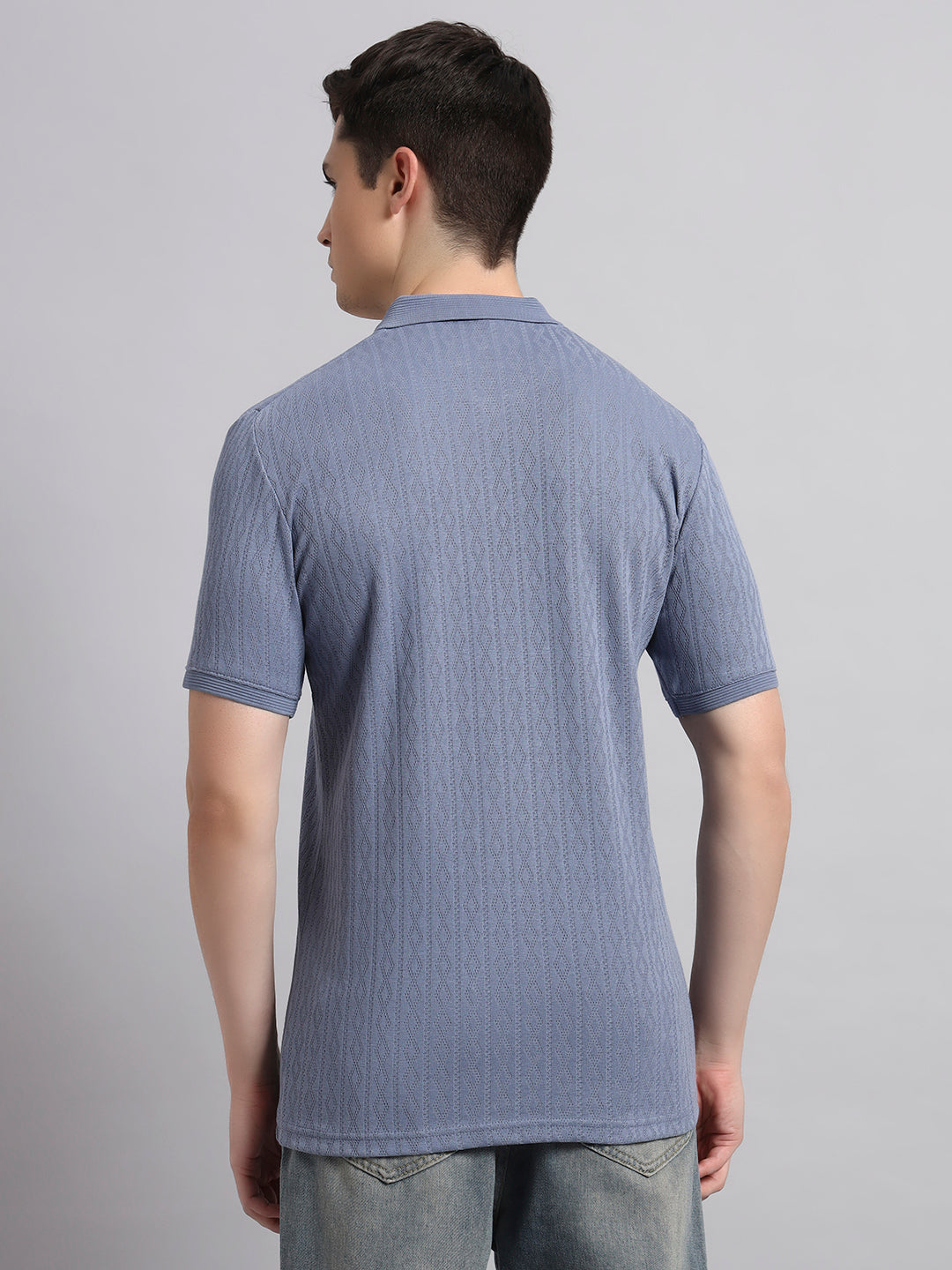 Men’s Blue Textured Polo T-Shirt with Zip Collar