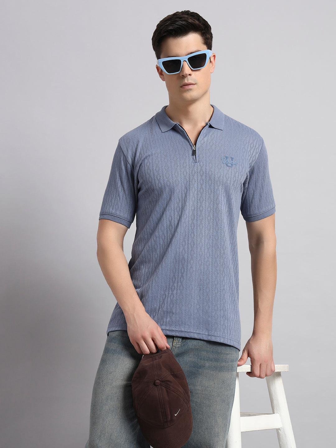 Men’s Blue Textured Polo T-Shirt with Zip Collar