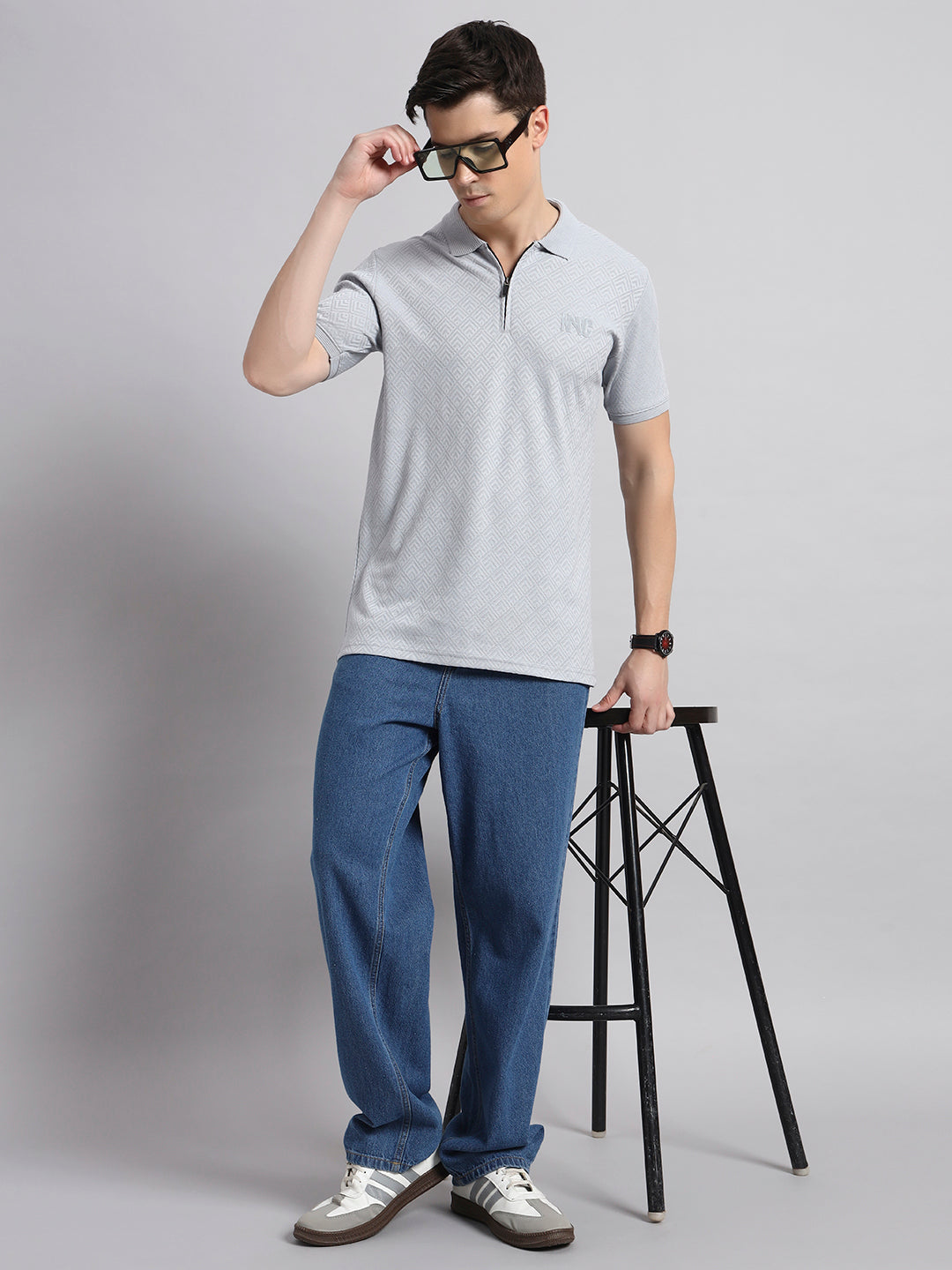 Men’s Light Grey Textured Polo T-Shirt with Zip Collar