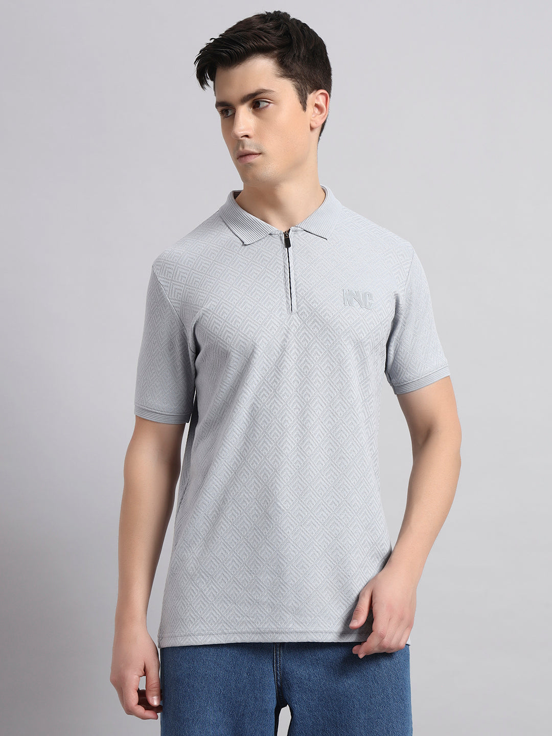 Men’s Light Grey Textured Polo T-Shirt with Zip Collar