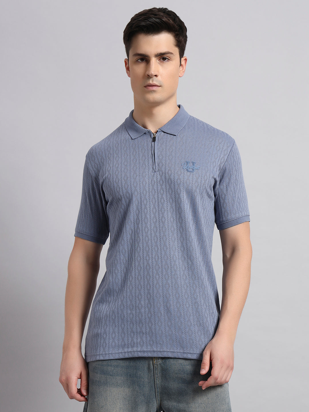 Men’s Blue Textured Polo T-Shirt with Zip Collar
